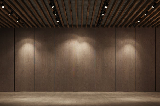 室内有棕色的木墙和射灯。精品店内饰。图片下载