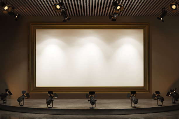 墙上挂着一个大的空画框。房间内部有聚光灯。图片下载