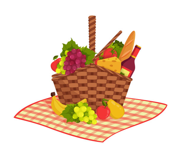 野餐毯子上放满健康食物的柳条野餐篮图片下载