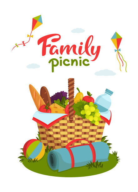 家庭野餐的概念。装满健康食物的柳条野餐篮，野餐毯，风筝，草地上的球图片下载