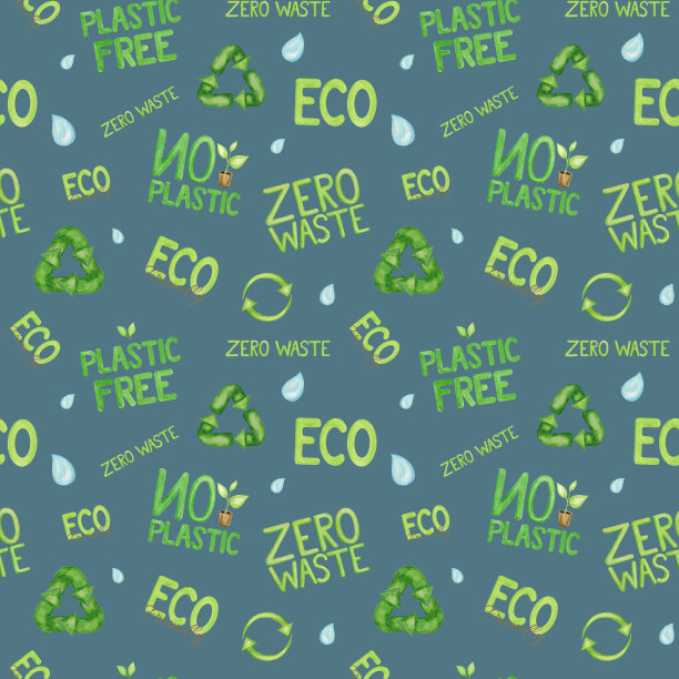 无塑料绿色零浪费图标无缝图案。水彩手绘插图上的蓝色背景。生态设计。可回收环保的生活方式。环保，循环利用，减少纸质织物图片下载