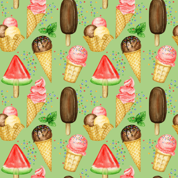 夏季无缝图案的冰棍，冰淇淋球装饰的巧克力华夫蛋筒。水彩插图在薄荷绿色的背景。水果混合冰淇淋球织物织物设计图片下载