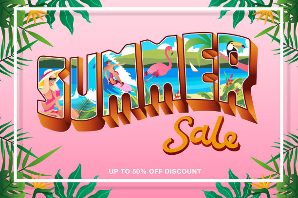 夏季销售横幅与复古夏季假日明信片风格和热带树叶背景。适合横幅，传单，邀请，海报，网站或贺卡图片下载