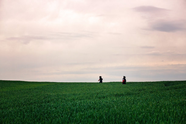 十几岁的孩子，男孩，在一个阴天在绿色的田野上奔跑图片下载