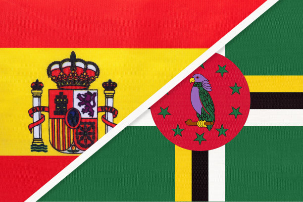 西班牙和多米尼加，象征两国的纺织品国旗。欧洲和美洲国家之间的伙伴关系。图片下载