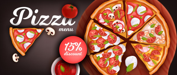 披萨打折横幅配意大利辣香肠和玛格丽塔披萨片。图片下载