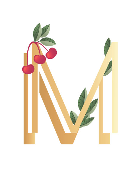 字母M与渐变风格米黄色覆盖绿色叶子和红色浆果生态字体平面矢量插图孤立在白色背景图片下载