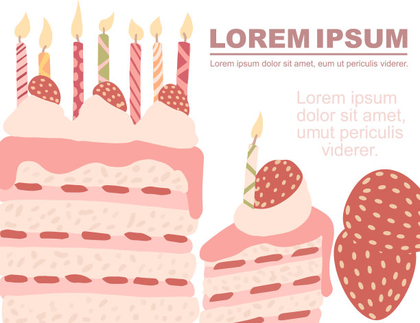 广告传单设计一块蛋糕与草莓和生日蜡烛平面矢量插图在白色的背景图片下载