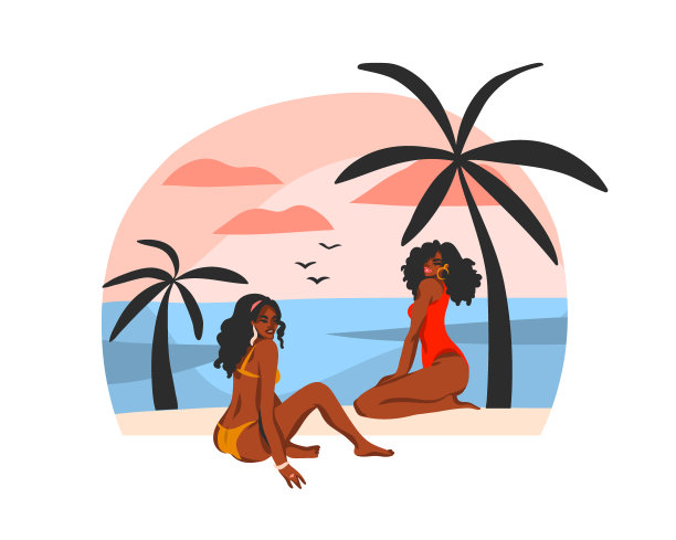 手绘矢量抽象股票平面图形插图与年轻快乐的黑人美国美女，在日落海滩上的景象孤立的白色背景上的泳衣图片下载