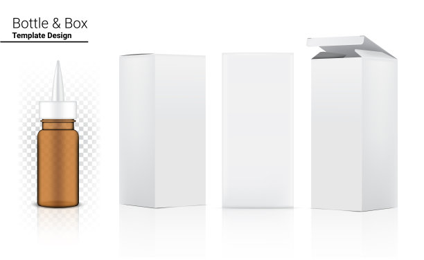 光滑透明琥珀瓶管模拟现实化妆品和三维盒子在白色背景插图。卫生保健和医疗。图片下载