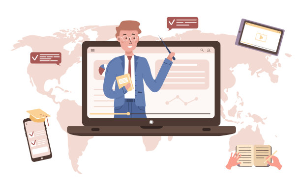 在线教育平面设计理念的培训和视频教程。老师在屏幕笔记本电脑上。矢量插图网站横幅，营销材料，演示模板，在线广告。图片下载