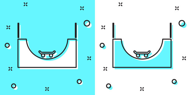 黑线滑板公园图标孤立在绿色和白色的背景。一组斜坡，滚轴，楼梯为滑板公园。极限运动。随机动态形状。矢量图图片下载
