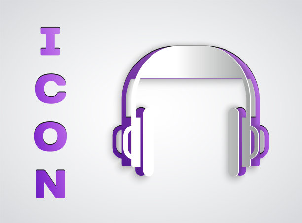 剪纸耳机图标孤立在灰色背景。支持客服，热线，呼叫中心，faq，维护。纸艺术风格。矢量图图片下载