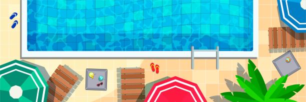 游泳池在俯视图背景。休息和放松区，夏季娱乐和聚会的地方。游泳池旁的太阳躺椅，气垫和雨伞，沙滩物品。矢量插图。图片下载