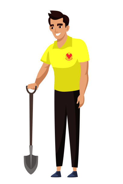 带队的志愿者带着铁铲被隔离在白色地面上图片下载