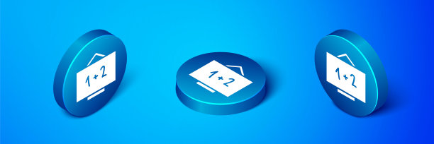 等距黑板图标孤立在蓝色背景。学校的黑板上的迹象。蓝色圆按钮。矢量图图片下载