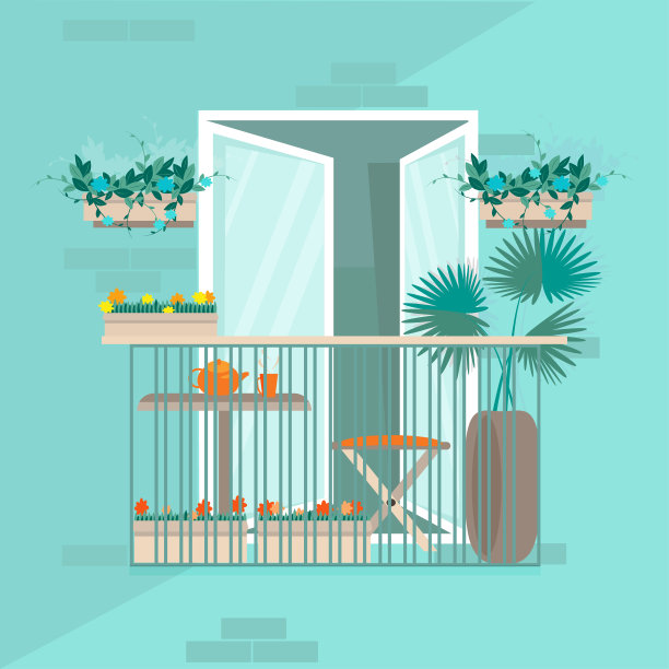 夏季、疫情期间、居家阳台。花在抽屉和壶。桌子，椅子，茶杯和茶壶。矢量插图在平面风格。图片下载