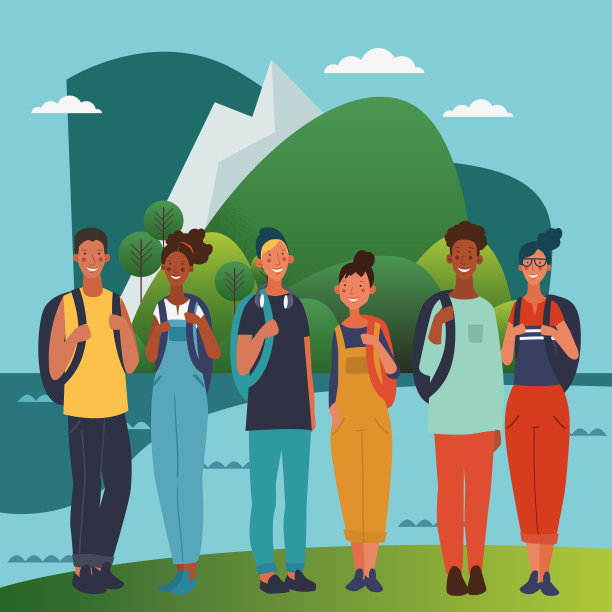 背着背包的年轻人。旅游，假期，假期和冒险矢量概念插图。生态友好型生态理念。自然保育矢量海报图片下载