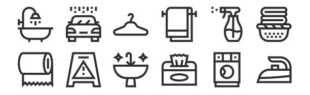 一套12瘦轮廓图标，如熨斗，纸巾，警告，喷雾，衣架，洗车网，移动图片下载