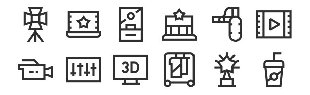 一组12瘦轮廓图标，如苏打水，衣柜，音频，麦克风，售票处，电影的网络，移动图片下载