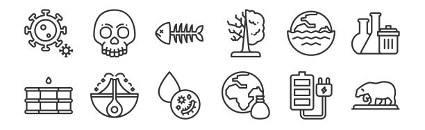 12个细线条图标：北极熊、地球、火山爆发、洪水、鱼骨、头骨等图片下载