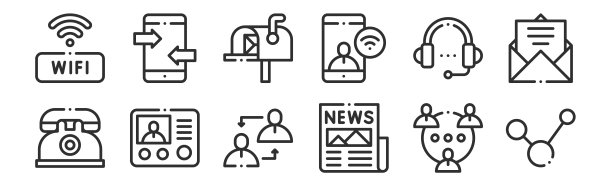 一组12瘦轮廓图标，如分享，报纸，对讲机，耳机，邮箱，智能手机的web，移动图片下载