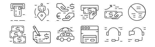 一套12瘦轮廓图标，如支持，支付方法，银行支票，收入，货币兑换，人寿保险的网页，移动图片下载