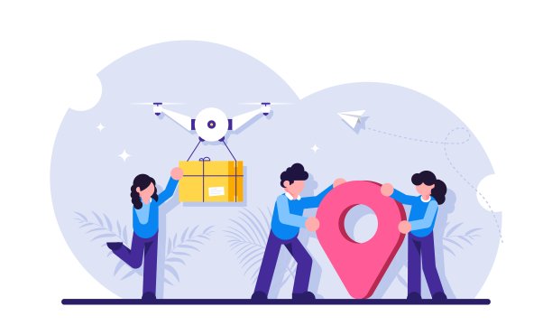 无人机配送服务理念。包裹运输的创新技术。女孩收到包裹靠近大头针标志。现代平面插图。图片下载