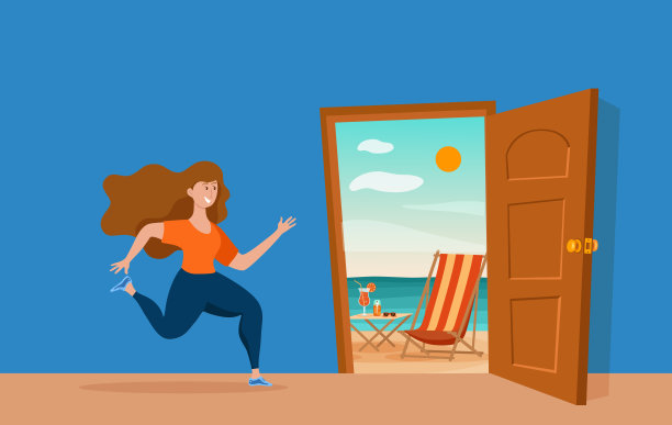 女孩跑开门自然山谷景观矢量卡通概念图片下载