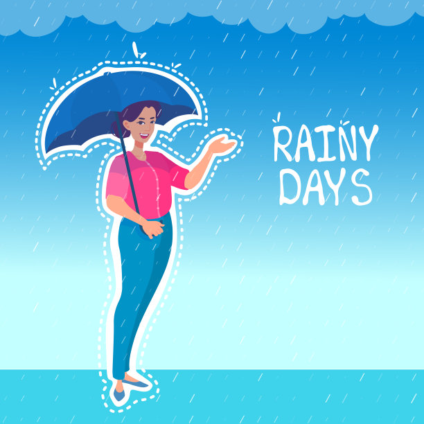 一个女预报员站在雨中，拿着伞，用手指着什么。多雨的天气预报。一个女孩的主持人。图片下载