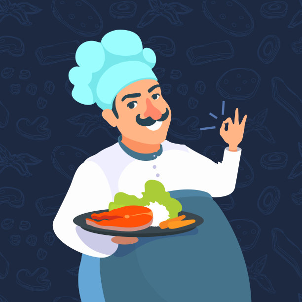 专业厨师用食物托盘烹饪。用手做OK的手势，微笑。快乐的人，穿着围裙，帽子，工作服，拿着盘子吃饭。图片下载