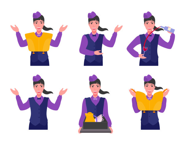 空乘人员展示一件充气救生衣，指示紧急出口的方向。一个优雅的空姐。航空安全示范。电车和饮料。图片下载