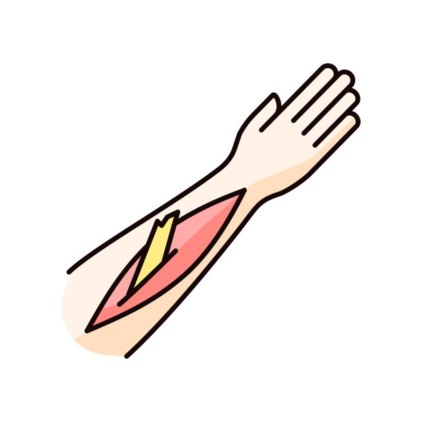 开骨骨折RGB颜色图标。骨头从人的手臂中伸出来。严重受伤的手。受伤的肢体。事故。紧急情况。医疗保健。孤立的矢量图图片下载