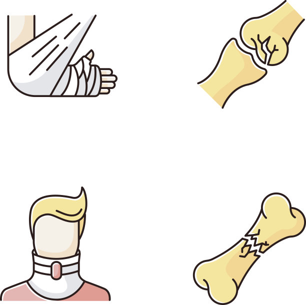 身体伤害RGB颜色图标集。骨骼和关节骨折。断了的脖子。颈衣领。手臂缠着绷带，石膏。医疗条件。治疗。孤立的矢量插图图片下载