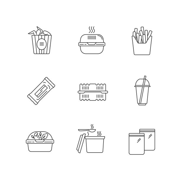 外卖像素完美线性图标集。鸡翅桶，汉堡盒，薯条。外卖餐包。可自定义细线符号。孤立矢量大纲插图。可编辑的中风图片下载