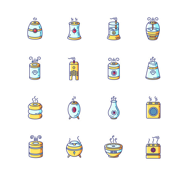 空气净化器、加湿器、电离器蓝、黄、红RGB颜色图标设置。气候控制设备，家用电器，室内湿度调节器。孤立的矢量插图图片下载