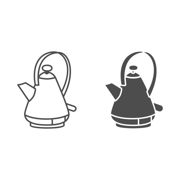 现代电水壶线和固体图标，厨房配件概念，复古茶壶标志在白色背景，复古电水壶与基础图标在轮廓风格的移动，网页。矢量图形。图片下载