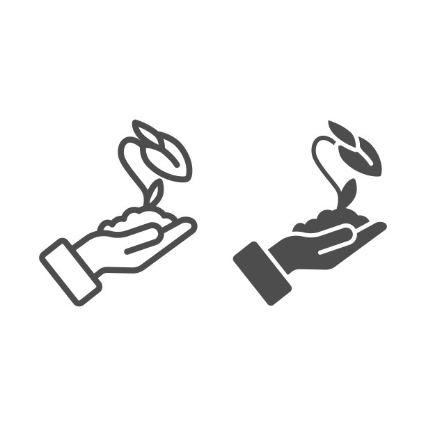 人的手握着封闭的花蕾在土壤线和固体图标，生态概念，封闭的花朵标志在白色的背景，花朵生长在农民的手的轮廓式图标，可移动。矢量图形。图片下载