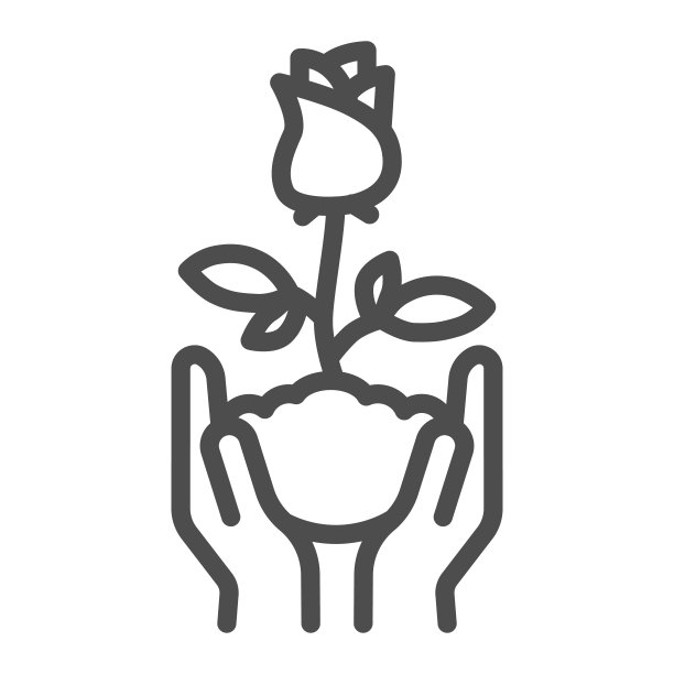 人的手握玫瑰花在土壤线图标，花卉概念，玫瑰花与叶子标志在白色的背景，玫瑰花在手的图标在轮廓风格的移动。矢量图形。图片下载