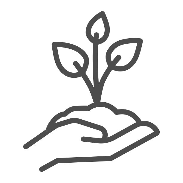 嫩芽用三片叶子在手心画线，保存自然的理念，苗木用一把泥土在人的手掌上画白底，嫩芽植物的图标，勾勒风格。矢量图形。图片下载