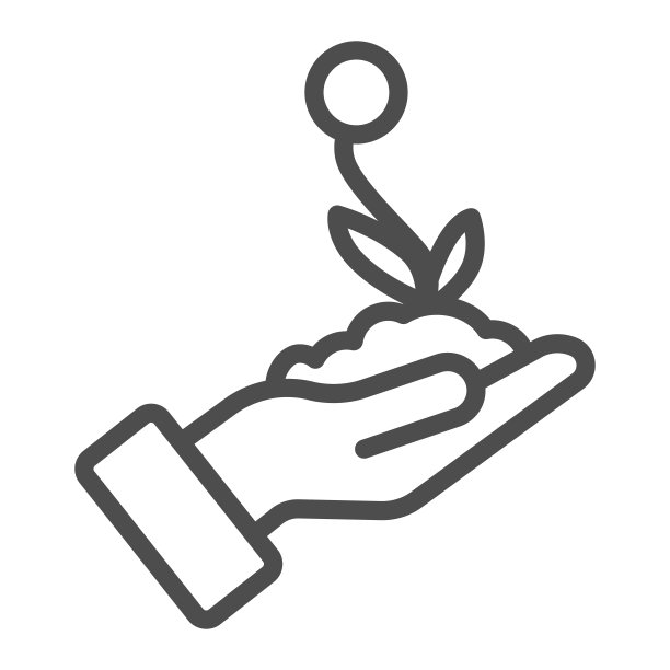 花苗带土手线图标，保存自然理念，花在土上，白底手标，关爱自然轮廓式人手图标。矢量图形。图片下载