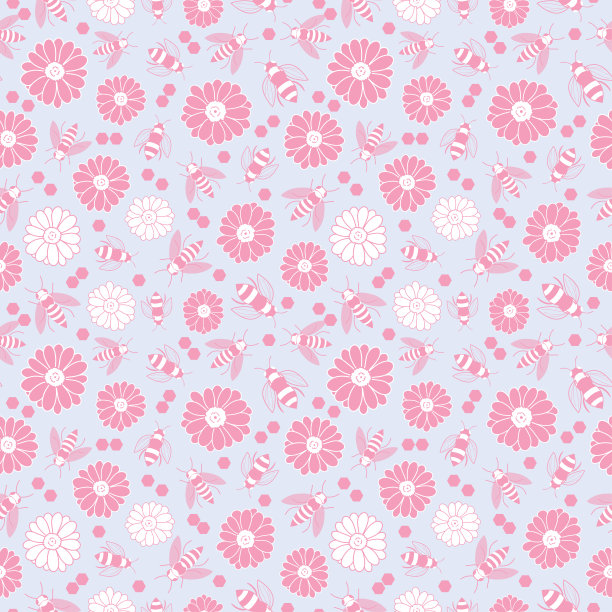 重复矢量图案与蜜蜂和花朵在柔和的紫色背景图片下载