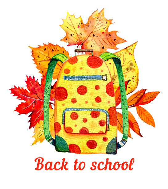 书包里装着秋天的落叶。手绘水彩素描插图图片下载