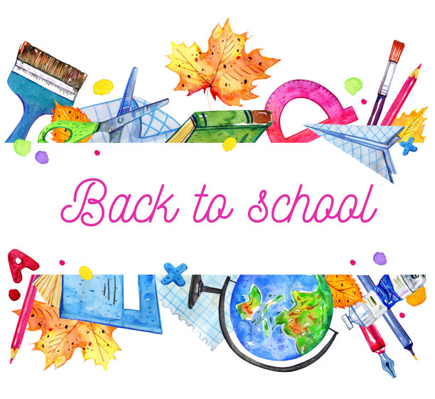 带着头衔回到学校边界。文具，地球仪，艺术材料，上面和下面的书。手绘水彩素描插图图片下载