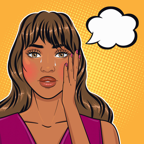非裔美国波普艺术妇女哭泣的脸，泪珠抱着她的头和思考在复古漫画风格图片下载