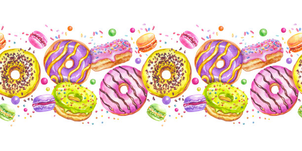 无缝边界的多色甜甜圈和蛋白杏仁饼干图片下载