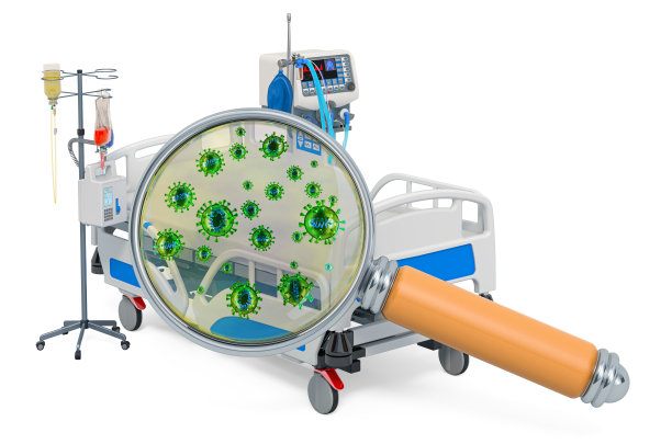 重症监护病房，放大镜下的重症监护病房，白色背景上的3D渲染隔离图片下载