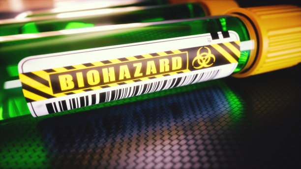 一个带警告标签的绿色危险液体瓶的抽象概念3D渲染的极端近距离图片下载