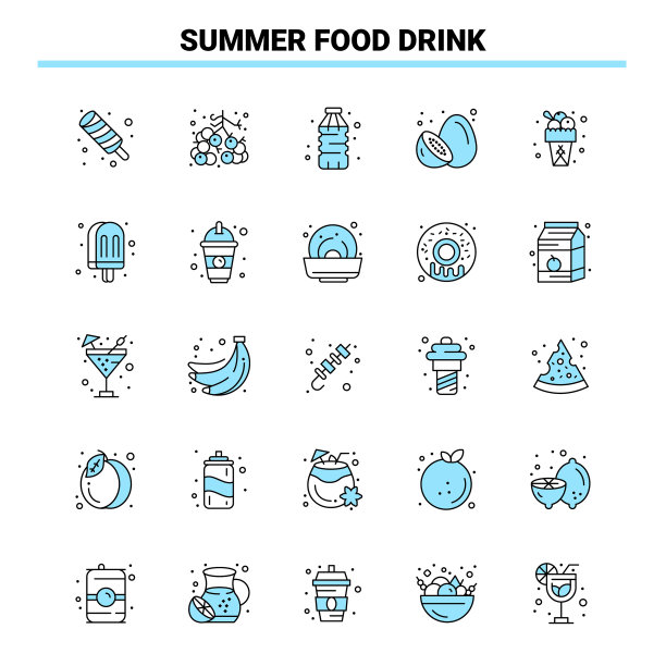 25夏季食品饮料黑色和蓝色图标设置图片下载