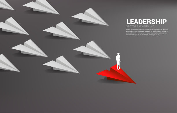 领导白色团队的商人站在红色折纸飞机上的剪影。图片下载
